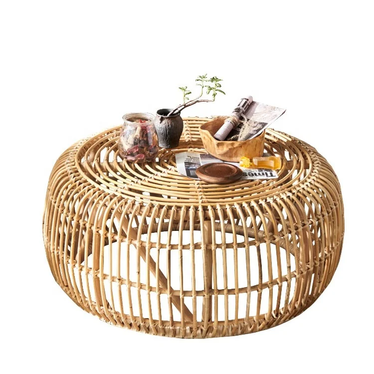 living room furniture wholesale rustic farmhouse round low small floor straw rattan tea table with mat