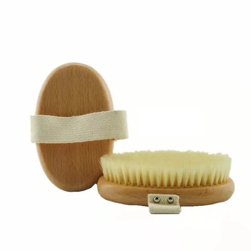 Double side bath brush natural beech wood boar bristles body massage dry brush