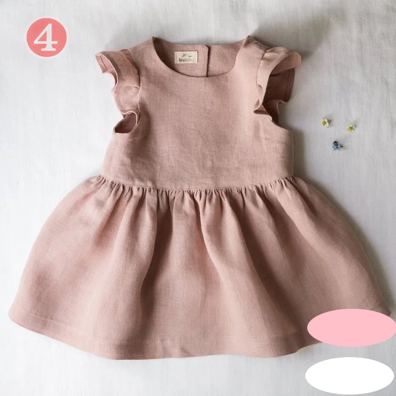  P107063 NEW LINEN COTTON BABY DRESSES kids long white flutter sleeve lace skirt girl fashionable solid linen