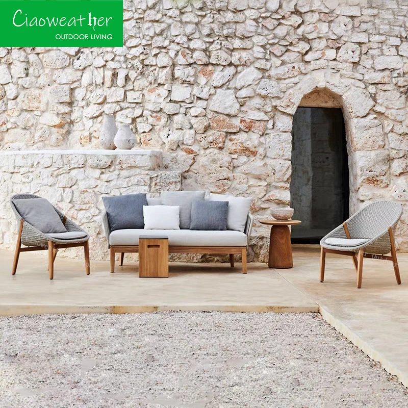 Luxury outdoor chair teak garden sofa rattan garden furniture set sofa with waterproof upholstery cushion