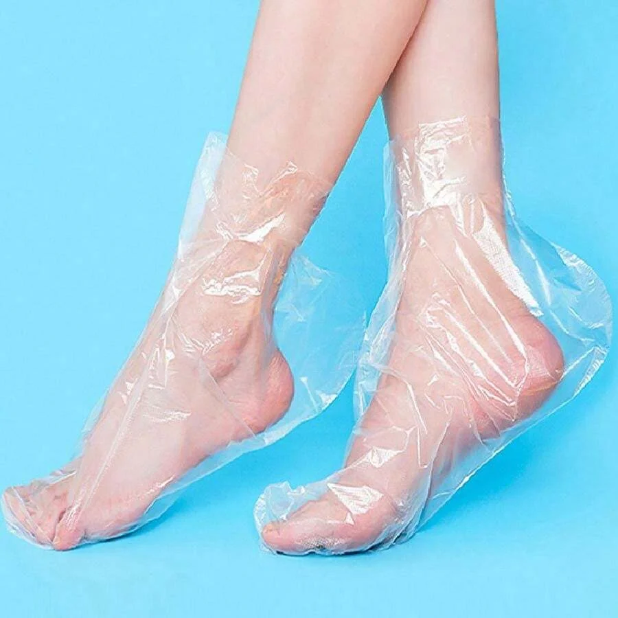 100pcs Waterproof Disposable Transparent Plastic Foot Mask Skin Care Socks with Handle Stand-Up Pouch No Liquid PE Foot Cover