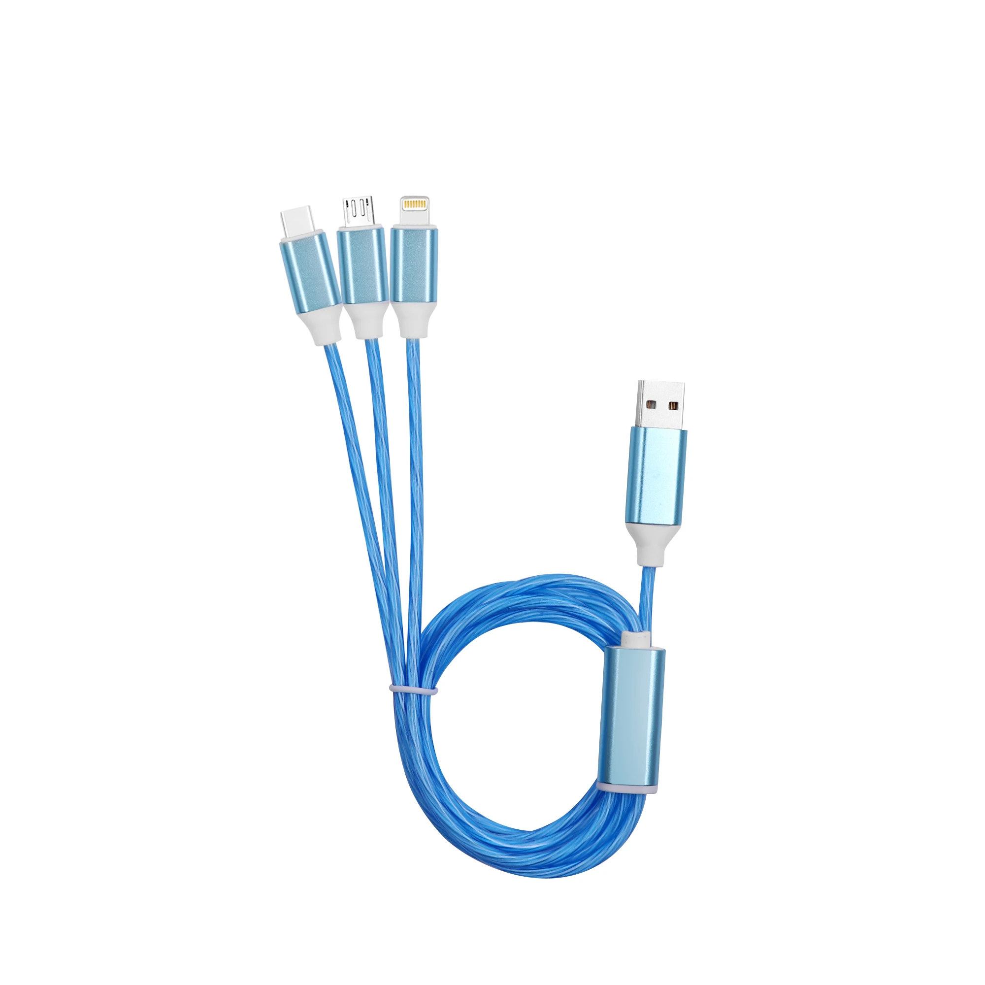 2021 Newest Flowing Fast Charger Cable Phone Accessories Cable 3 in 1 USB C/Micro/8 pin Led Luminous Charging Cable