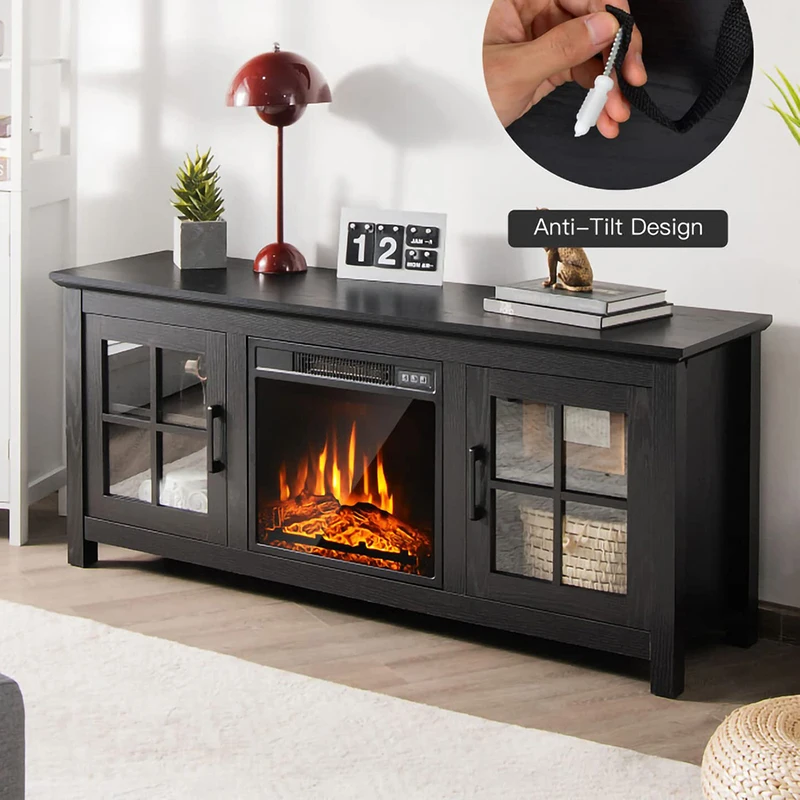 2024 Design particle board black living room furniture modern fireplace tv stand tv wood cabinet meuble for 75 inches