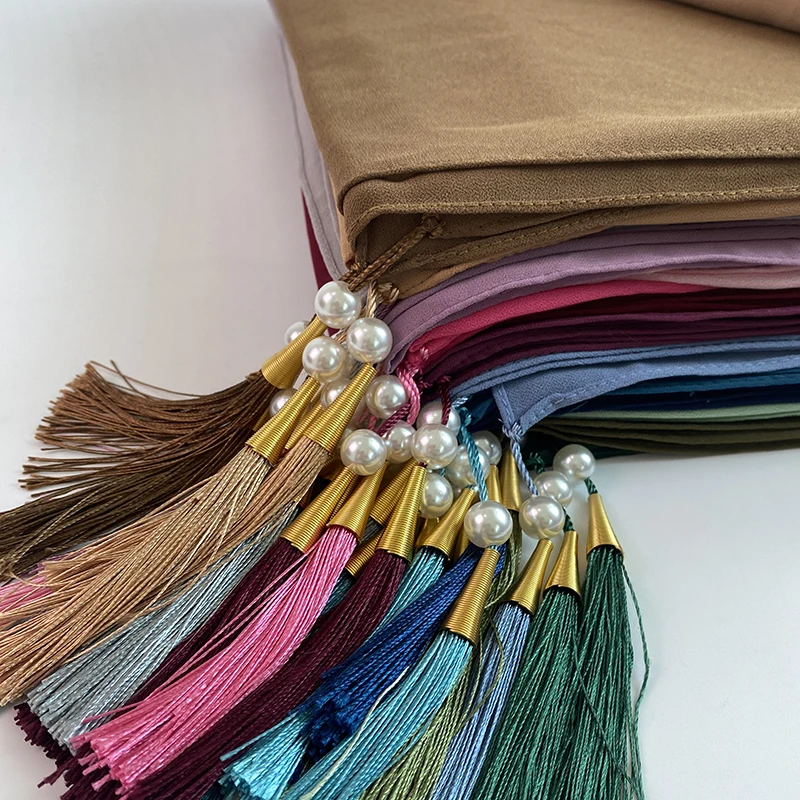 5pcs/Box Chiffon Hijab Beaded Pearls Scarf With Tassel Solid Color Muslim Shawls Headband Islamic Headscarf Box Foulard