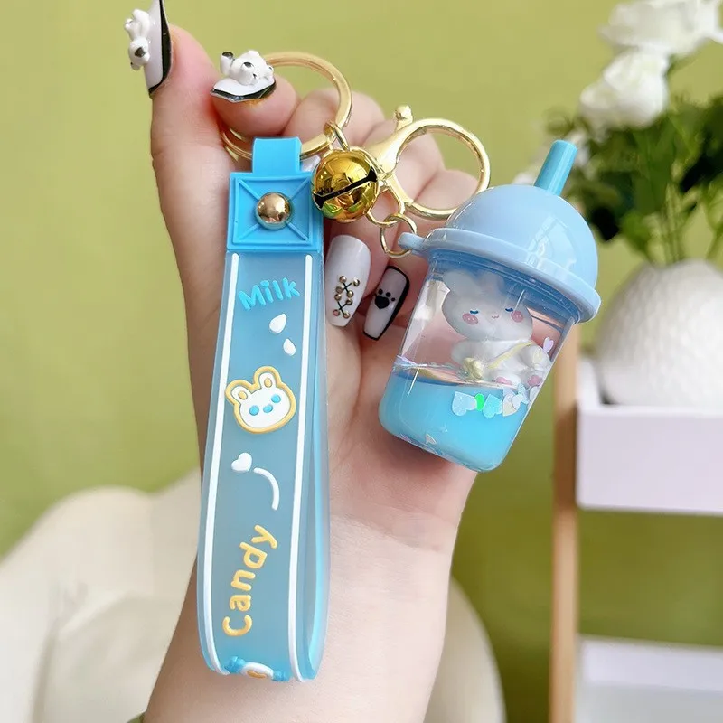 Lilangda Creative Acrylic Liquid Kawaii Keychains Little Rabbit Milk Tea Cup Delicate Nail Clips Accessories Fashion Bag Pendant