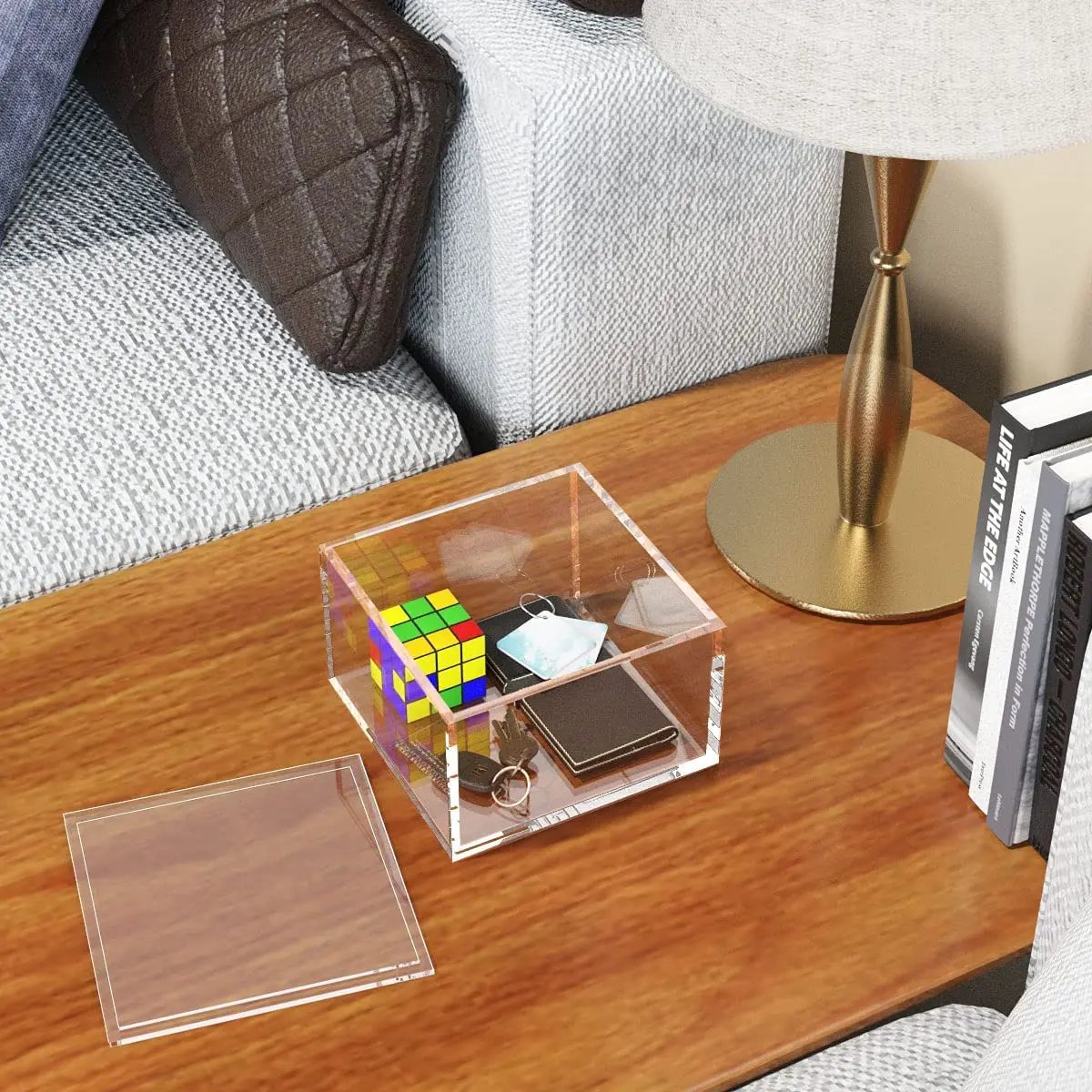 Decorative Clear Acrylic Box with Lid, Clear Box Square Stackable Mult-Purpose for Office and Home