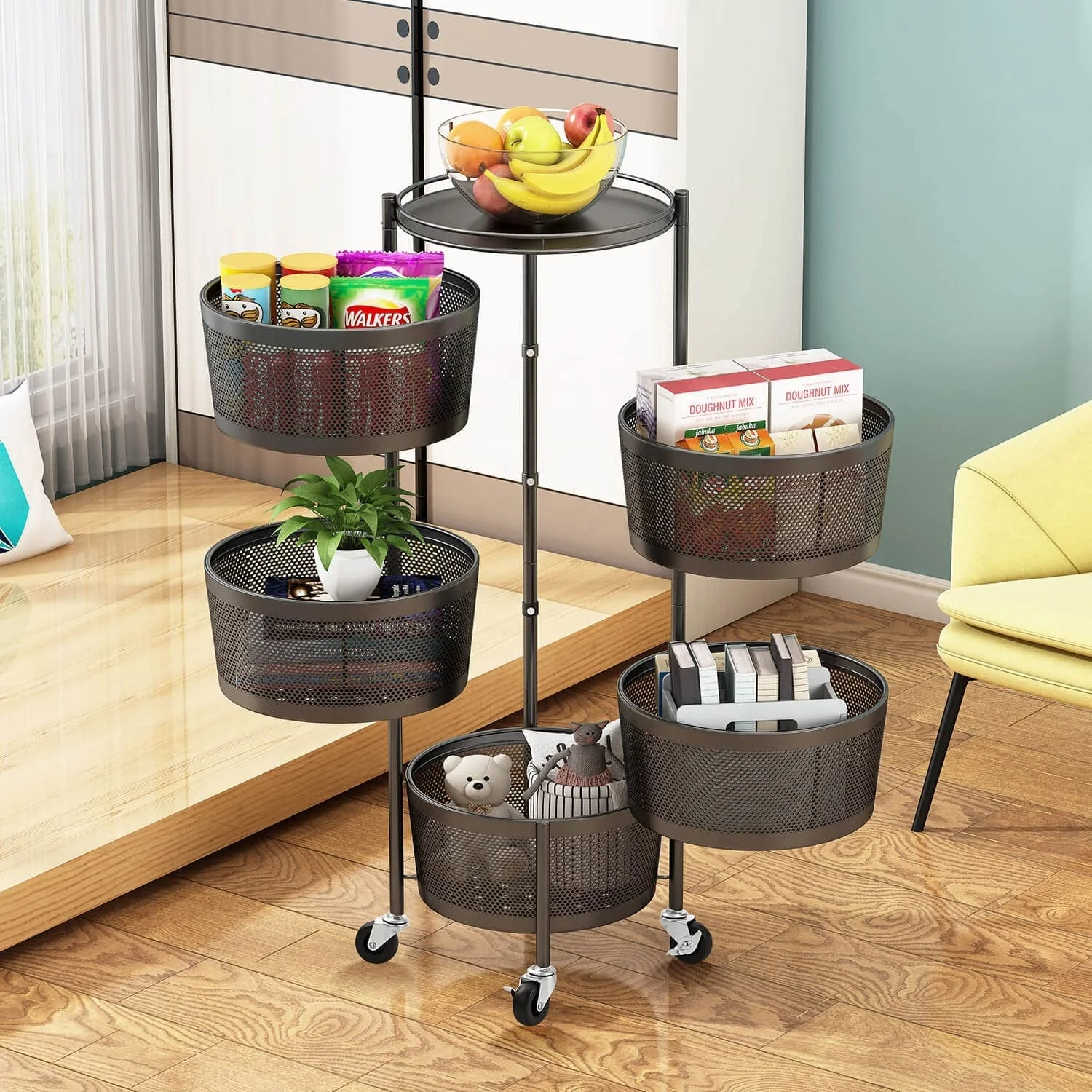 360 Degree Multi Layer Basket Storage Rotating Rack Storage Fruit Vegetable Display Rack Storage Rolling Trolley Cart Organizer