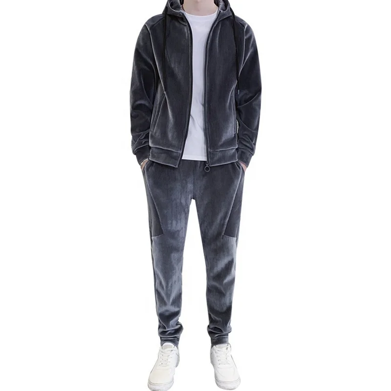 Casual  Slim Fit Custom Velour Tracksuits With Zipper Corduroy Hoodie Jacket and Jogger Velvet Tracksuit Men