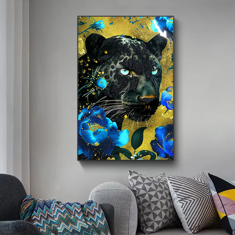 Home Decor Black Gold Animal Painting Cheetah poster Wall Art Crystal porcelain 3D gold leaf diamond painting