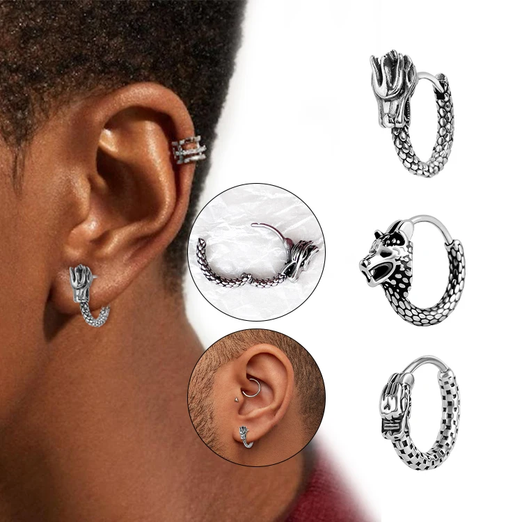 Wholesale Hoop Earrings Men Punk Style Stainless Steel Dragon Gothic Earrings