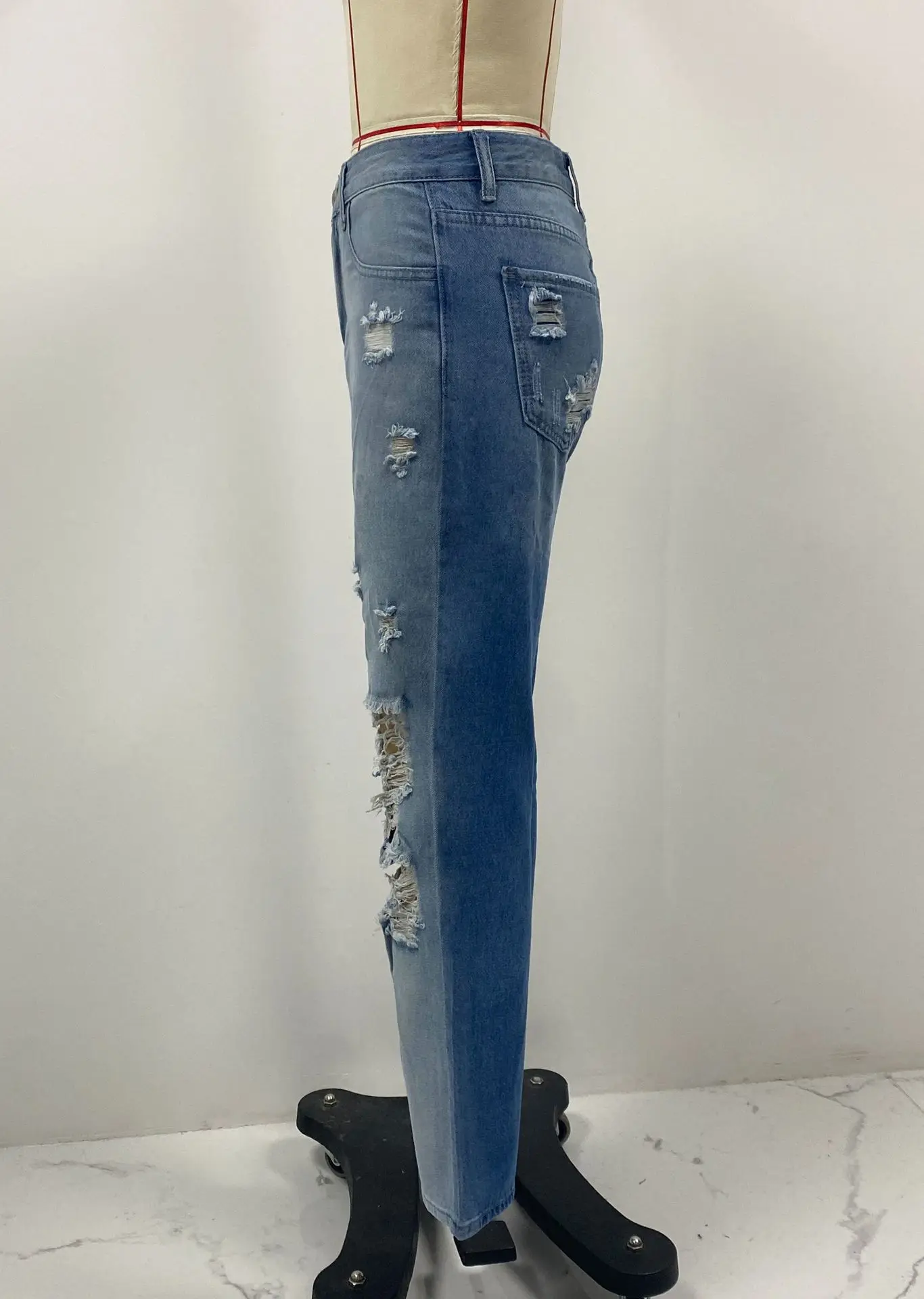 Trendy European And American Pencil ripped Pants Light Blue Light Color Stretch Jeans Women Pants mixed trousers