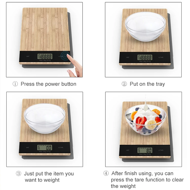Touch Control Bamboo Panel LCD Display ABS Plastic 5K Digital Household Food Kitchen Scales