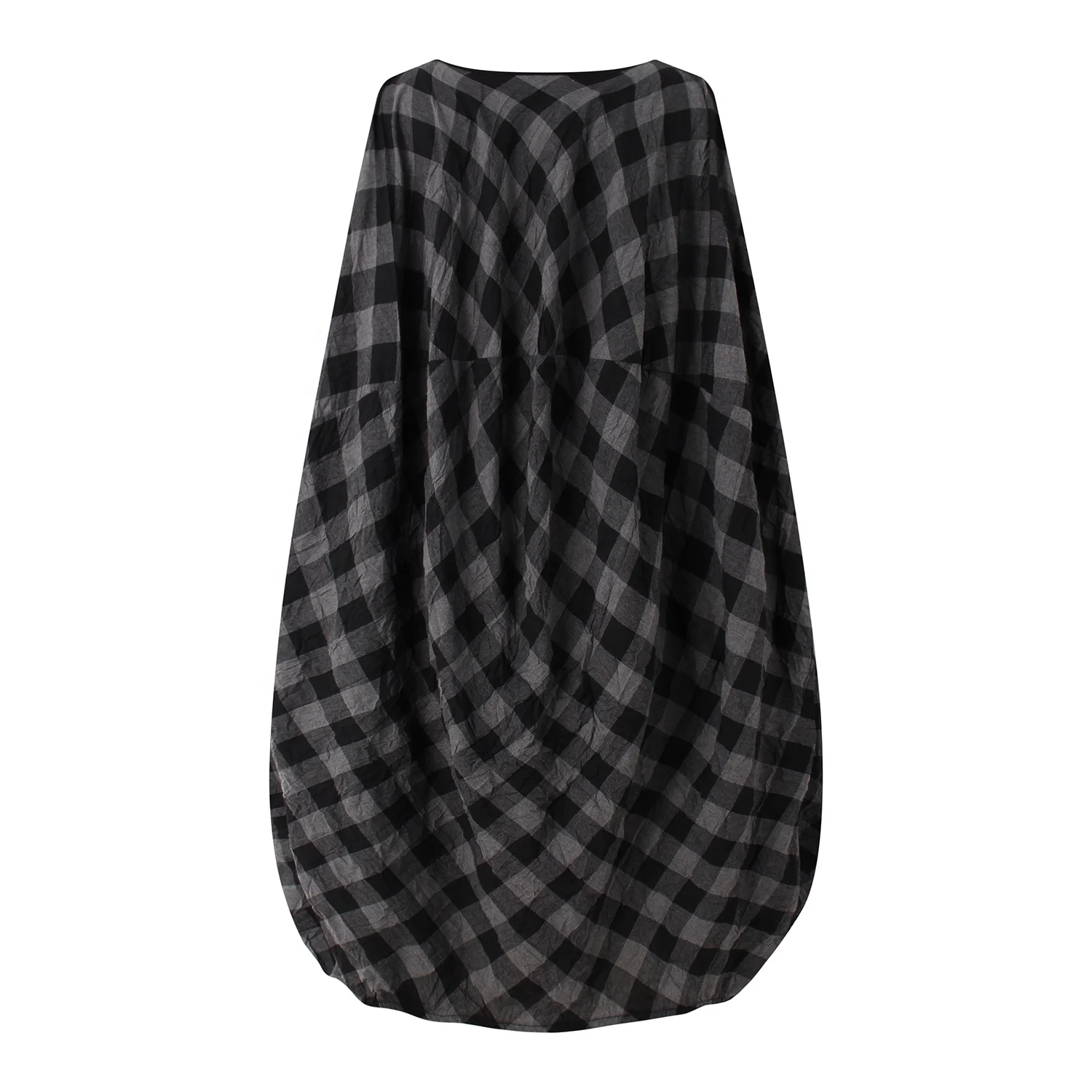Boutique Dress Manufacturer Custom Gray Plaid Sleeveless Wrinkle Effect Checked Balloon Dress Women Lady Elegant Loose