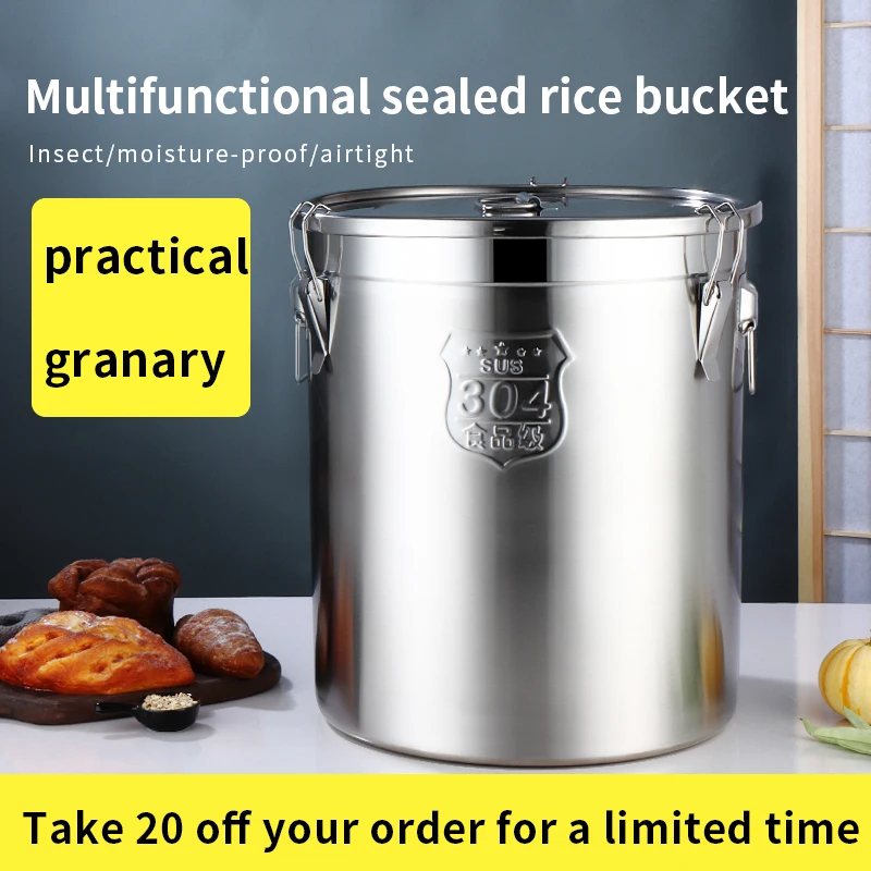 Stainless Steel Sealed Food Storage Bucket Container Sealed Barrel Large Capacity Rice Grain Barrel With Lid
