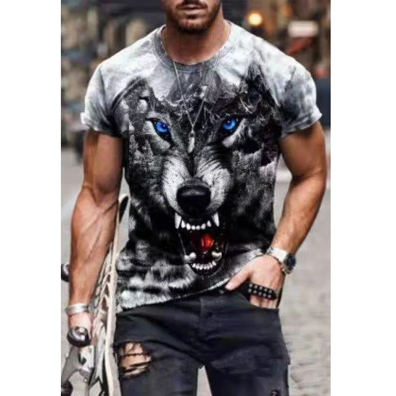 2021 summer new digital printing 3D wolf pattern T-shirt casual outdoor loose personality short-sleeved sports T-shirt