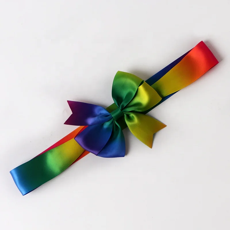 Rainbow ribbon bow gift printed decoration ribbon bow pre tied elastic ribbon bow with elastic loop