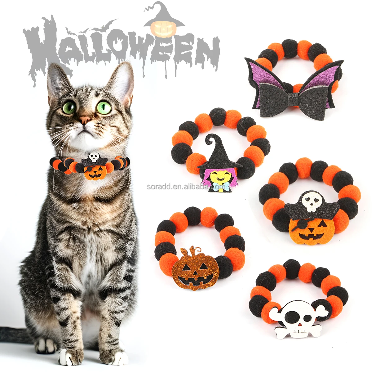 2024 Halloween Cat Bowtie Collar Pirate Pumpkin Elastic Rope Plush Ball Collar for Puppy Dog Cat Funny Decoration