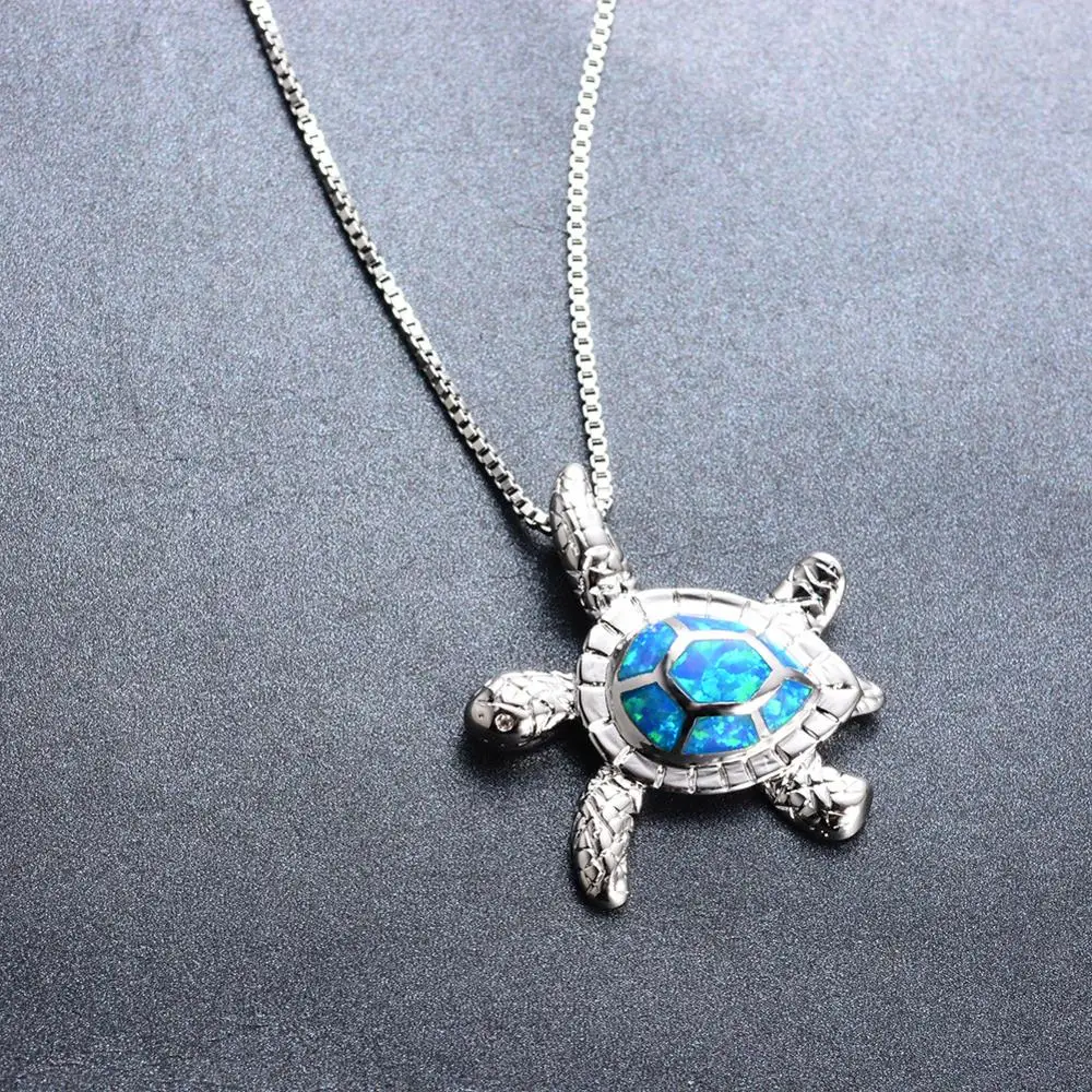 Wholesale 925 sterling silver blue fire opal necklace cute turtle pendant necklace