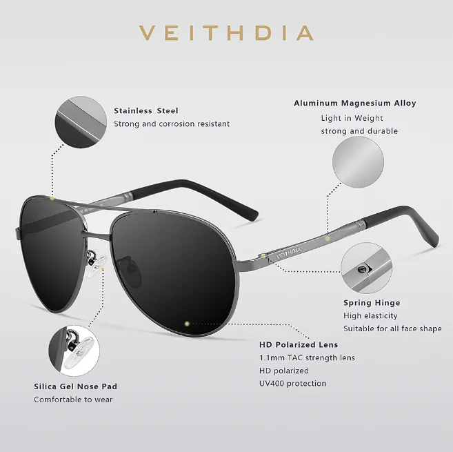 VEITHDIA Aluminum Magnesium Sunglasses Sports Polarized Sun Glasses UV400 Outdoor Driving Eyewear Custom Logo V1306
