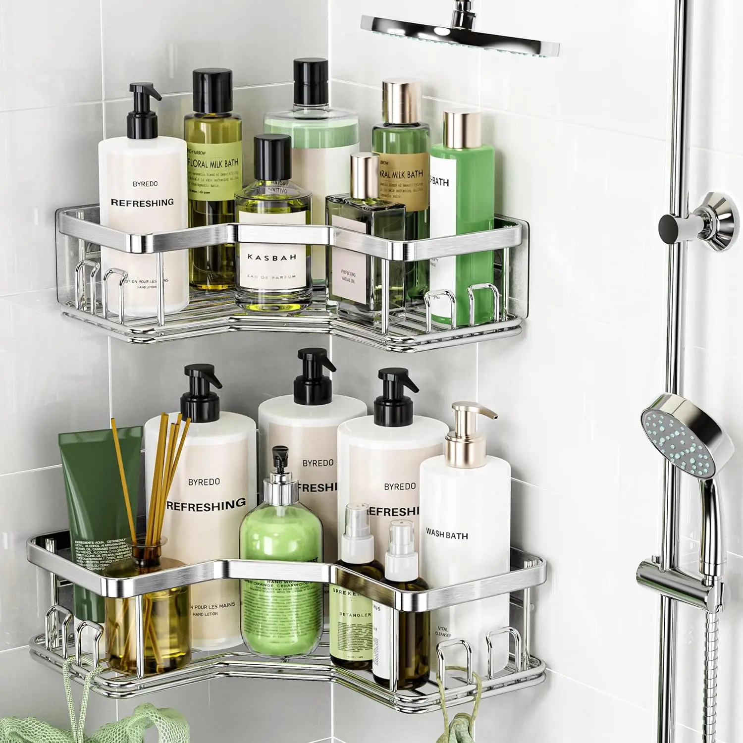 High Quality Stainless Steel Bathroom Non Punching Wall Mounted Storage Rack Adhesive Shower Shelves For Bathroom