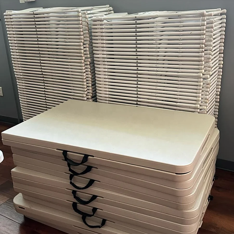 10 people 8ft rectangular hdpe outdoor dining portable white folding table and chair set