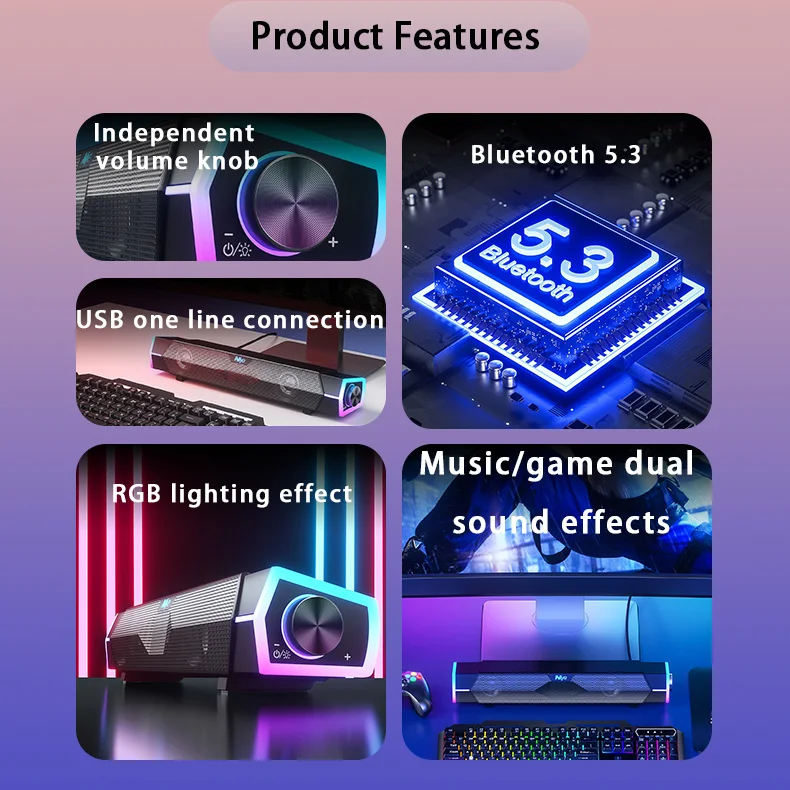 Wholesale ROHS High Quality HIFI TWS Colorful Lights Computer Speaker Wireless USB Gaming Audio Computer Gaming Speaker Bar