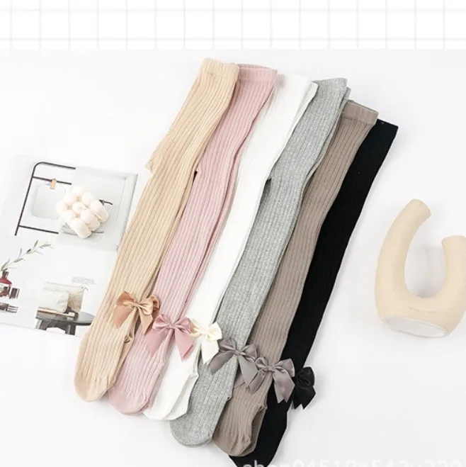 Колготки для девочек дизайнерские колготки в рубчик розовые белые однотонные хлопковые леггинсы с бантом малышей