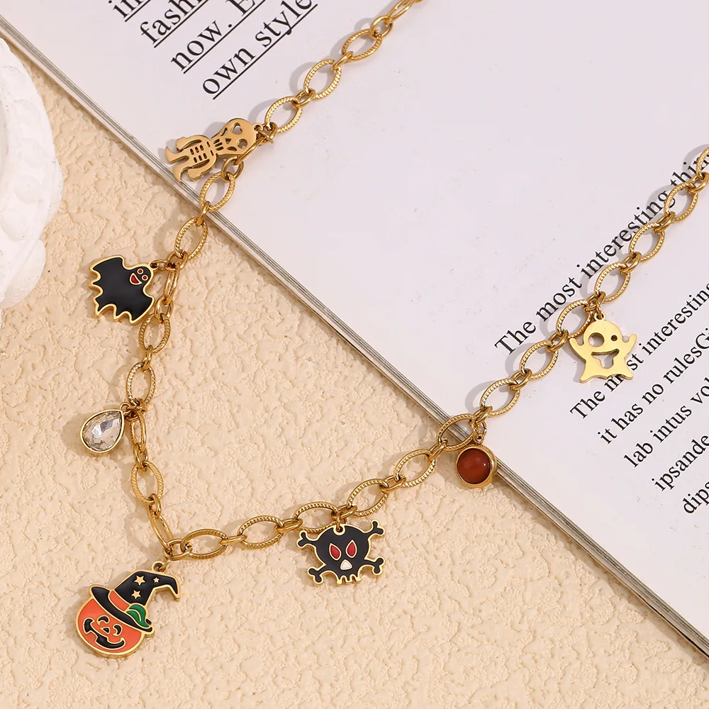Cartoon cute pumpkin Grimace Bat pendant Stainless teel gold plated Halloween element pendant necklaces