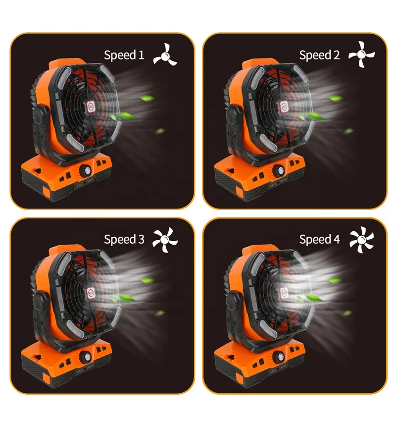 Outdoor Camping Fan with LED Light Hook Rotation USB Rechargeable Portable Tent Fan for Travel Picnic Fishing