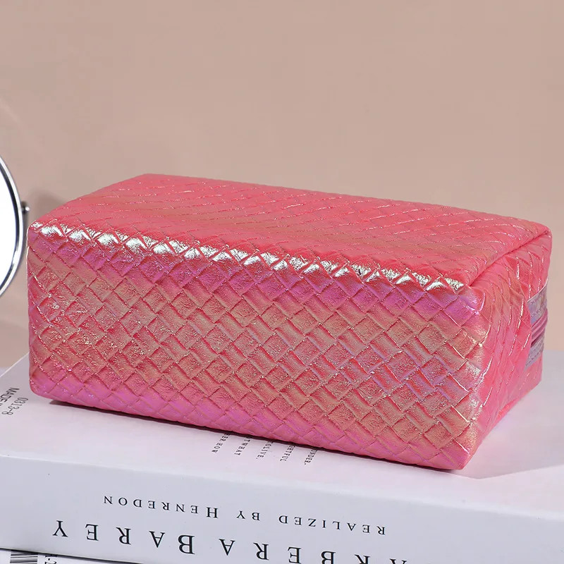 New Laser Square Color Woven Pattern Pu Leather Women Travel Cosmetic Storage Travel Toiletry Zipper Makeup Brush Bag Ladies