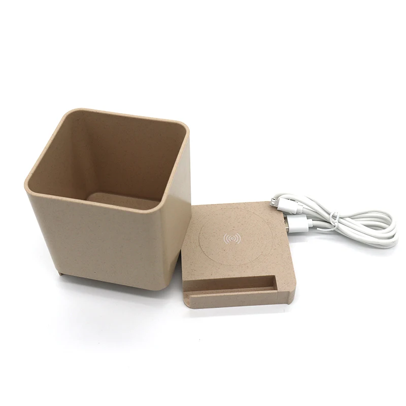 Desktop Multifunctional Wheat Straw Plastic Pen Holder with Mobile Phone Holder and Wireless Charger