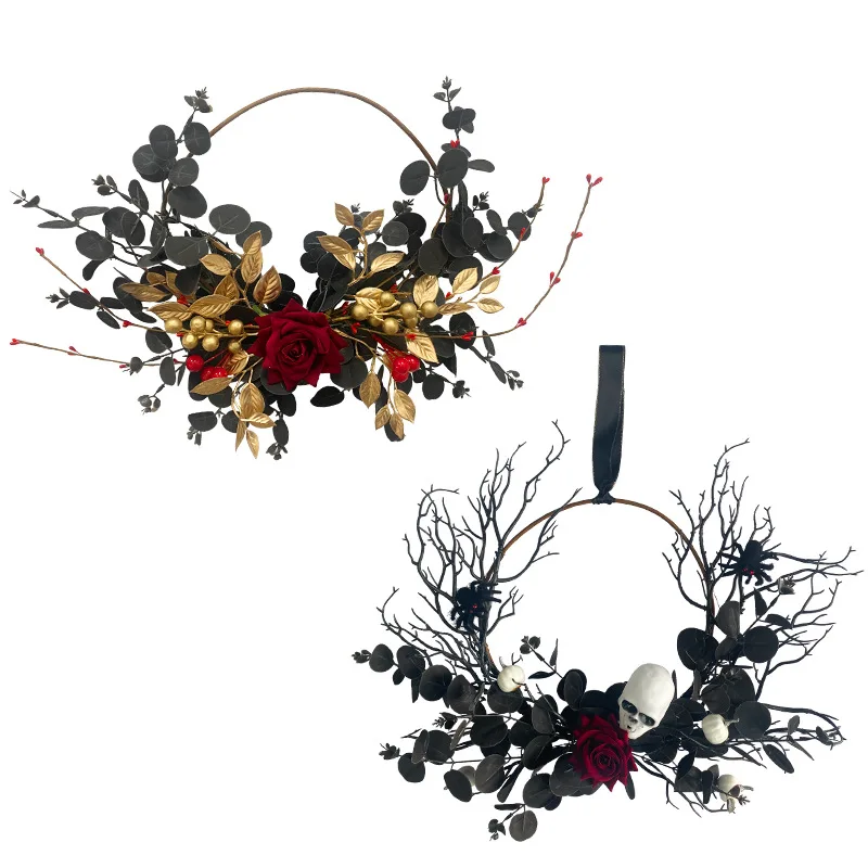 Halloween Decor Wreath Black Leave with Rose Skull Wreath for Front Door Small Hanging Wreath Home Indoor Outdoor Party Decor