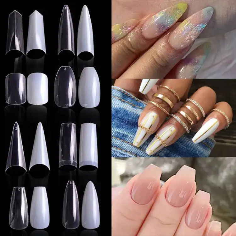 Customized Order Of Half Cover Short Length Sqaure Long Pointed Color Nail Tips With Glue Tabs Artificial Fingernails