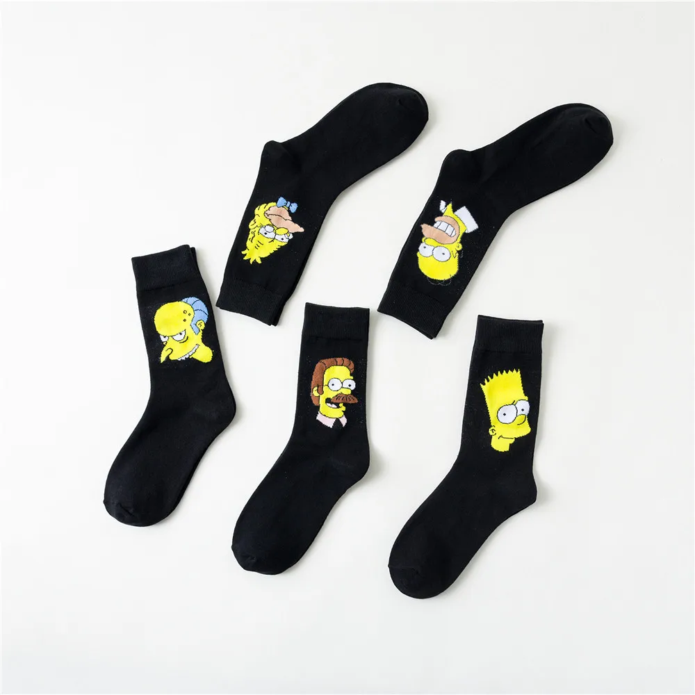 
2020 New Design Black Cartoon Socks Simpson Print Cotton Socks for Women Anime Crew Socks Wholesale 