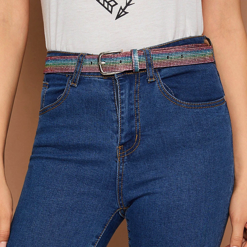 Modern style women rainbow rhinestone belt fashionable multicolor acrylic women belt