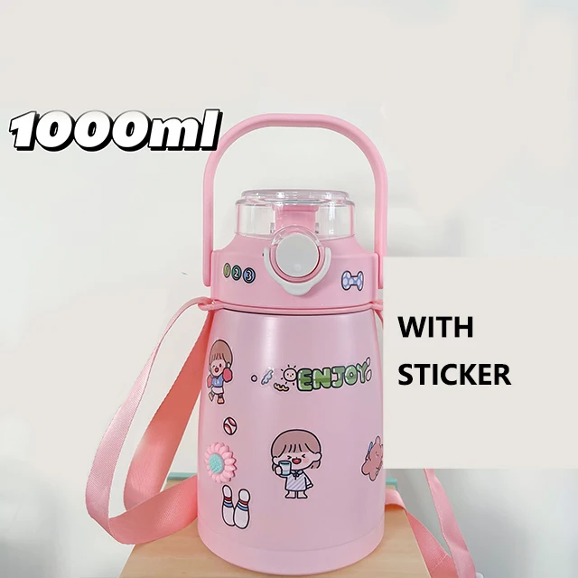 Large capacity 1L custom logo double wall 304 stainless steel with cartoon stickers water bottle