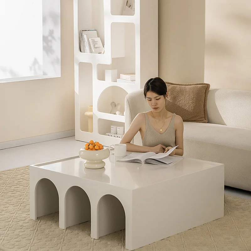 European cream white wood low square coffee table nordic style multifunctional solid wood living room furniture