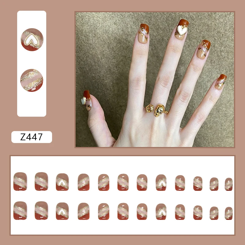 Manicure Showing Cool Caramel Cream Card Artificial False Nails Instagram Style Sweet Color Full Cover Acrylic Girl White Finger