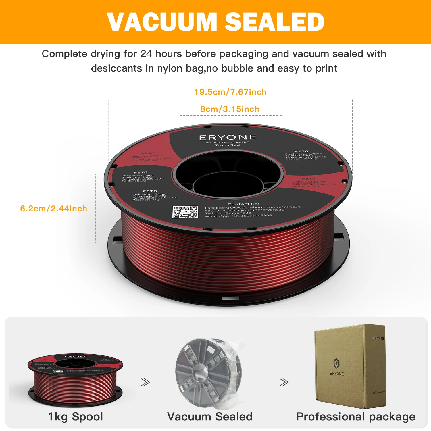 Eryone New Arrival Red PETG Bulk 3D Printing Filament 1KG Spool 1.75mm Premium OEM 3D Printer Raw Material