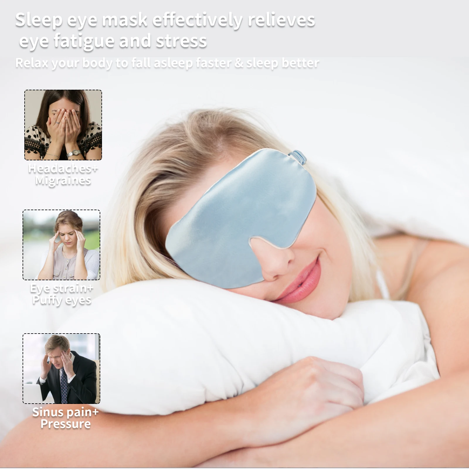 Blue Silk Sleep Mask Face-Hugging Padded Silk Cocoon For Luxury Sleep In Total Darkness For Home or Plane Travel