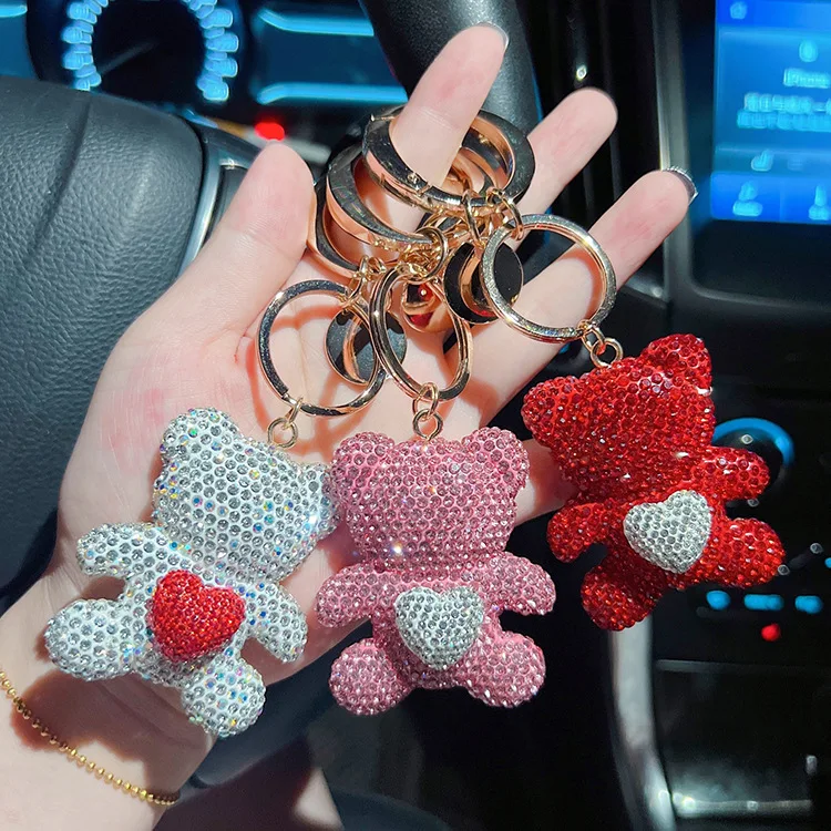 Factory Price Bear Key Chain Ceramic Clay Full Diamond Love Little Keyring Metal Big Ring Cute Toy Cartoon Gift