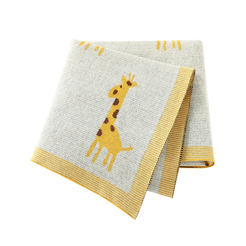 Custom Logo 100% Cotton Baby Lovely Cute Giraffe Animal Knitted Blankets for Kids