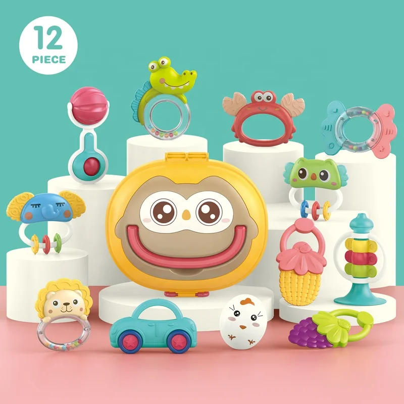 Samtoy 12PCS Non Toxic Silicone Soft ChewableTeething Toy Baby Rattles With Storage Box for Babies 0-6 Month