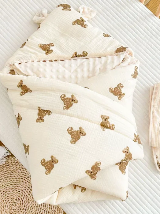 Stock Quick Delivery Mixed Patterns 100% Organic Cotton Hooded Towel Baby Wrap Blanket Nest Sleeping Bag Bear Fruit Pattern