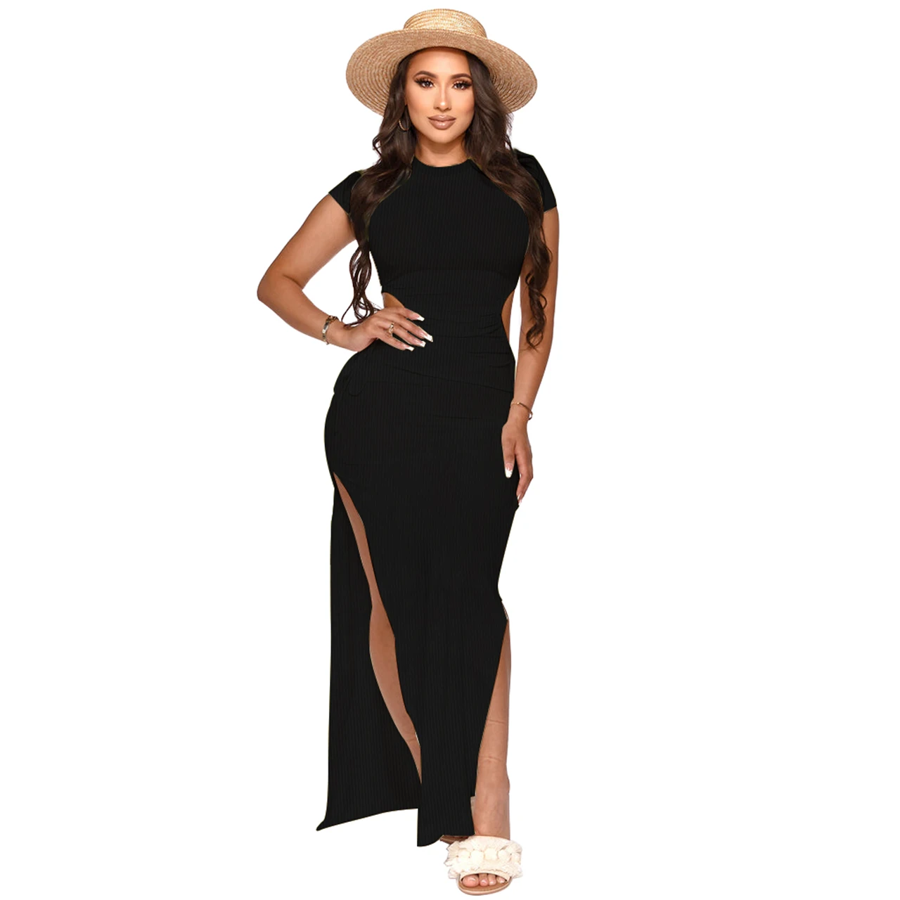 Holiday Casual Dresses Fashion Double Slit Sexy Cutout Maxi Ribbed Dresses Summer Trending Elegant Dresses For Ladies Women