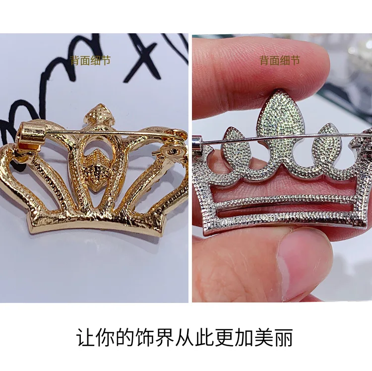 Gold Plated Suits Shirt Luxury Crystal Pearl Crown Brooch Pin Rhinestone Crown Brooch for Clothes Accessories
