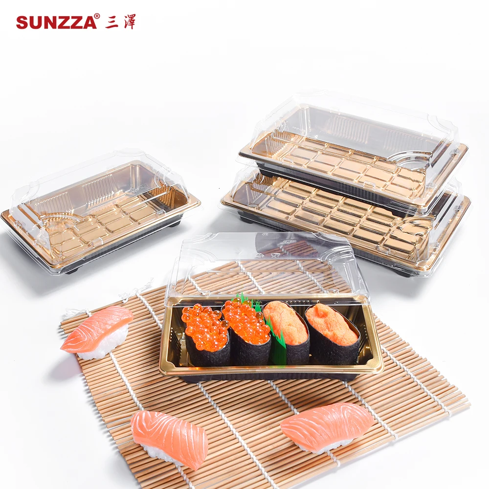 Sunzza manufacturer directly SZ01 4pcs pet materials golden shinny printing plastic disposable sushi takeaway food box
