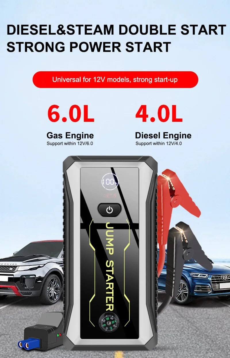 Custom logo 28000mAh portable vehicle jump starter flashlight high power jump starter auto powerbank with large display screen