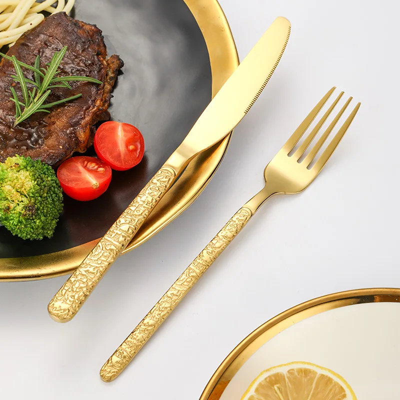 Luxury fancy 1010 stainless steel 304(18/10) silverware gold dinner knife spoon fork set cuttlery cutlery set wholesale
