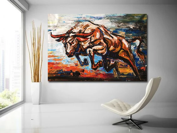 100% handpainted high quality spanish fighting bull animal wall art cattle picture oil painting  canvas artwork for home decor